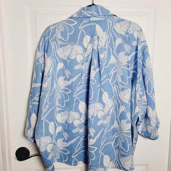 Magaschoni Shirt Womens XL Blue White Floral Linen Button Up Pocket Resort Boxy - Picture 6 of 9